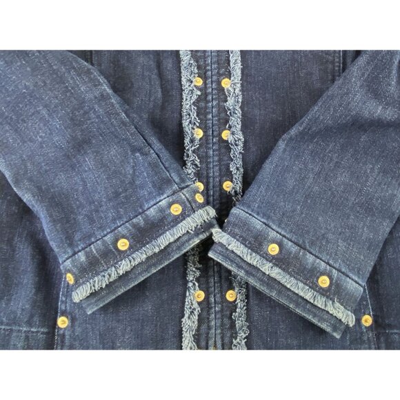 VTG St John Sport Classic Chic Preppy Denim Jacket Frayed Trim & Gold Details L - Picture 14 of 16